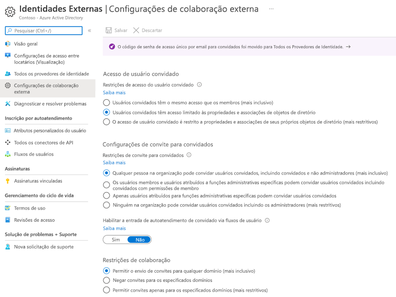 Captura de tela das configurações de colaboração externa no Azure AD.