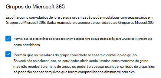 Captura de tela das configurações de convidado dos Grupos do Microsoft 365 no Centro de administração do Microsoft 365.