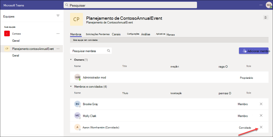 Captura de tela da remoção de convidados do cliente do Teams.