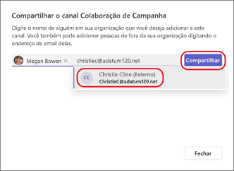 Captura de tela do compartilhamento de um canal compartilhado com usuários externos.