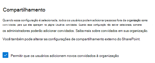 Captura de tela da configuração de compartilhamento de convidado de segurança e privacidade no Centro de administração do Microsoft 365.