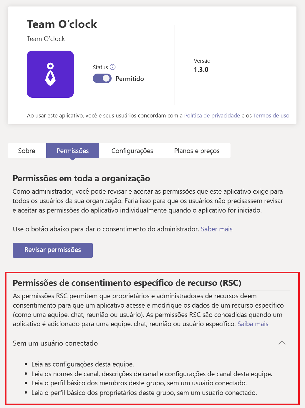  Captura de tela das permissões de RSC de um aplicativo.