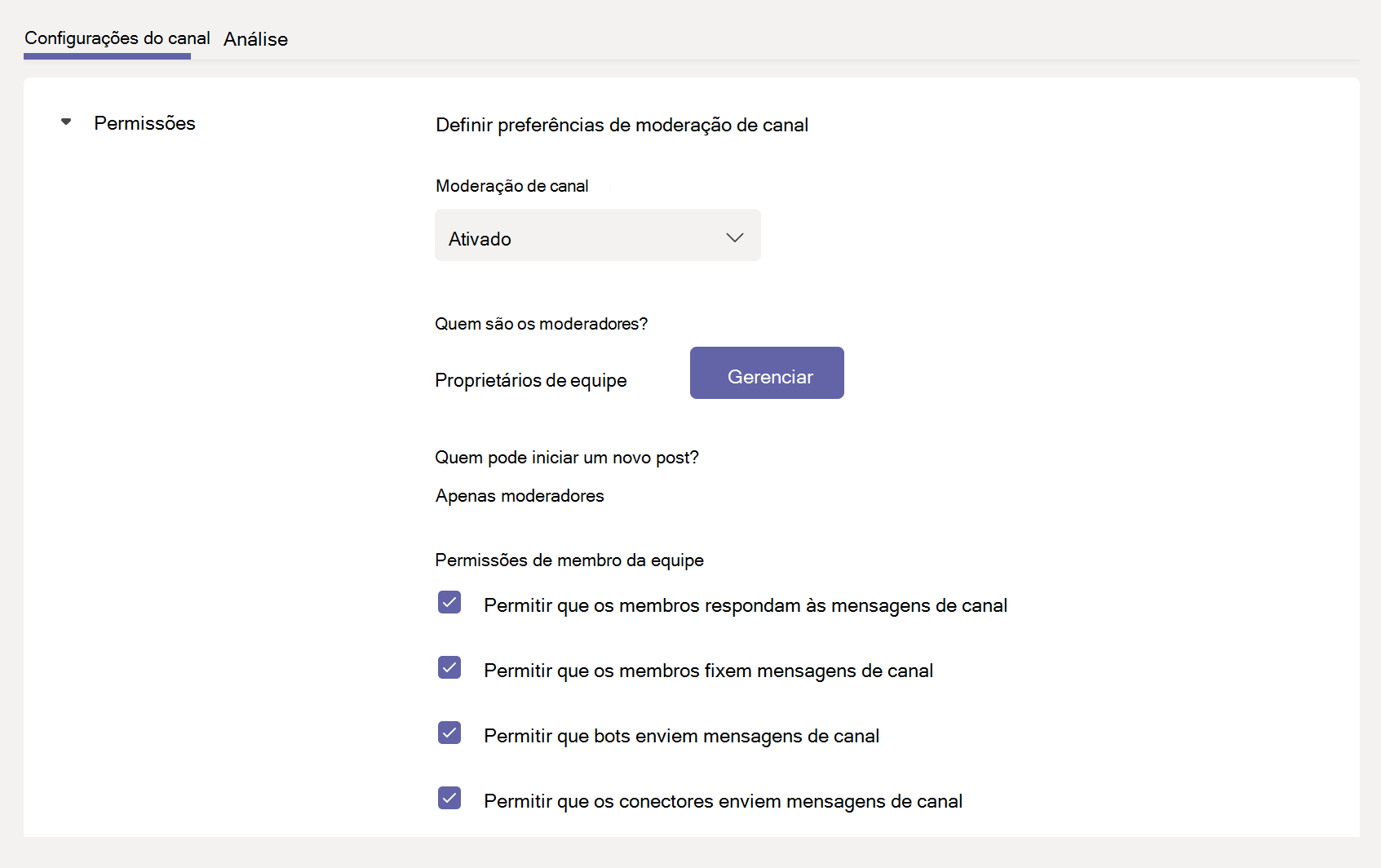  Captura de tela das configurações de moderação do canal.