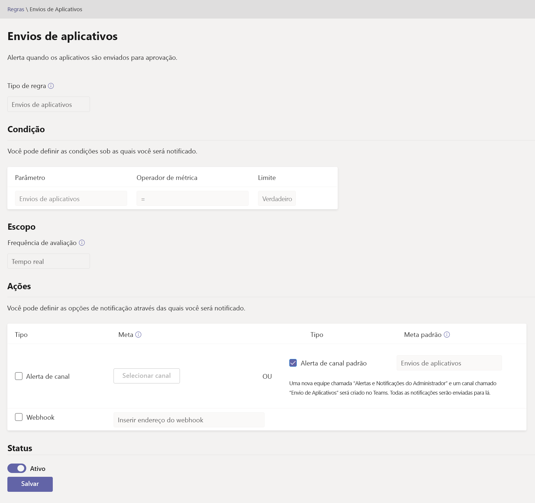 Captura de tela da página de regra de envios de aplicativos do Teams