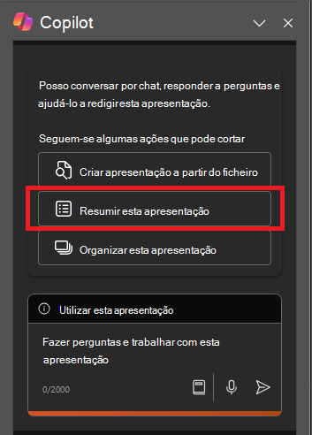 Captura de tela do painel Copilot no PowerPoint na primeira abertura.