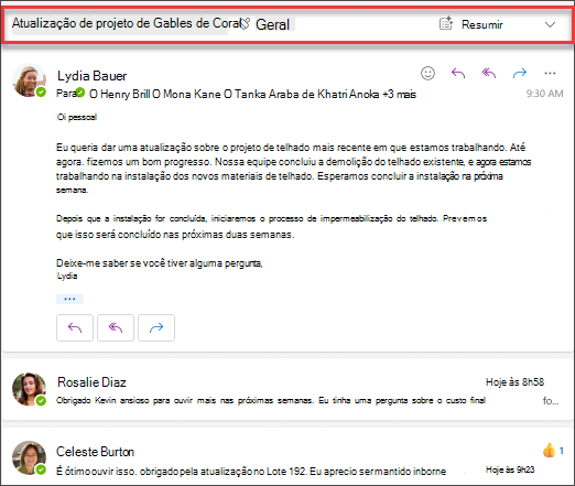 Captura de tela da experiência Resumo do Copilot no Outlook.