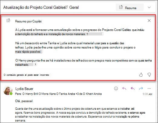 Captura de tela dos resultados do Resumo do Copilot no Outlook.