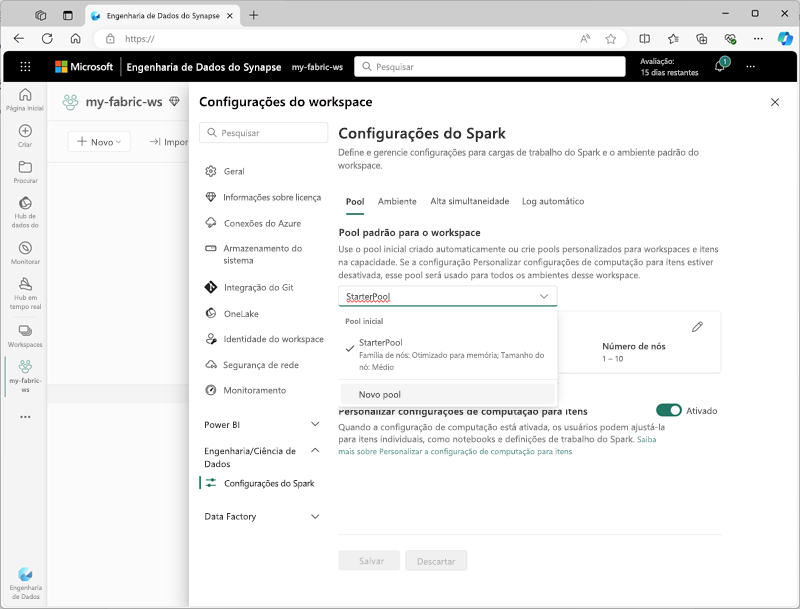 Captura de tela da página de configurações do Spark no Microsoft Fabric.