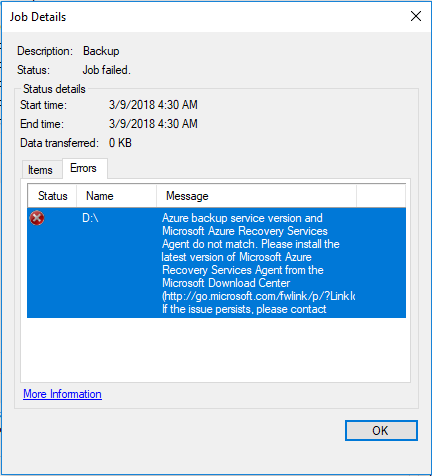 Captura de tela de um erro de backup com falha na caixa de diálogo Detalhes do trabalho.