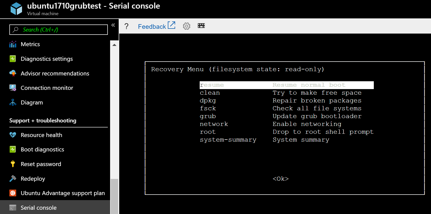 A captura de tela mostra o console serial no menu de recuperação, que oferece opções de recuperação adicionais.