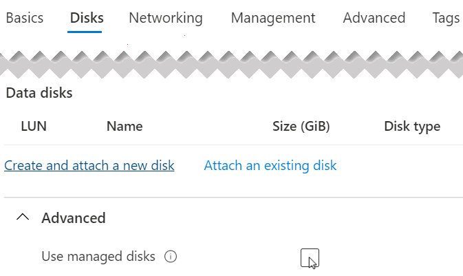 Captura de tela da página Discos do assistente Criar uma máquina virtual, com a opção usar disco gerenciado desmarcada.