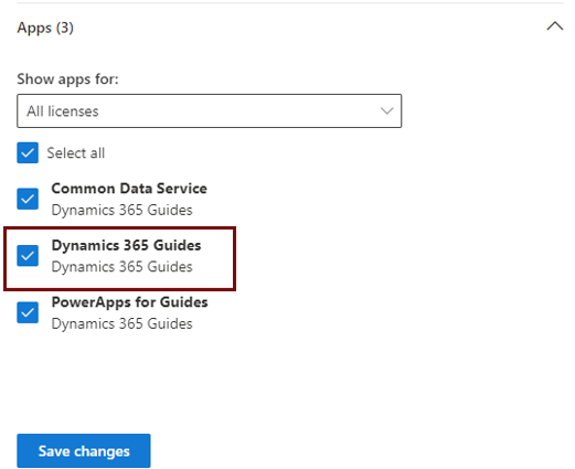 Captura de tela que mostra a opção de licença do Dynamics 365 Guides que deve ser selecionada na lista Aplicativos quando você atribui a licença do Dynamics 365 Guides a contas de usuário.