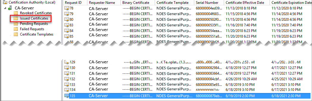 Captura de tela de um exemplo de certificados emitidos.