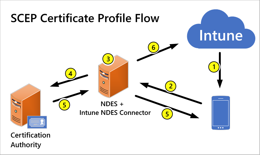 A captura de tela mostra o fluxo do perfil do certificado SCEP.