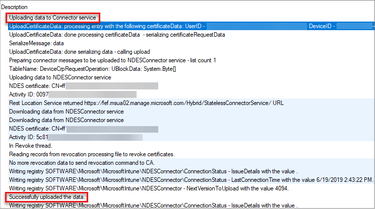 Captura de tela das entradas no log do Intune Certificate Connector.