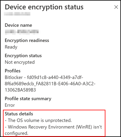 Detalhes do status de criptografia do dispositivo do Intune mostrando que o dispositivo está pronto para criptografia silenciosa, mas ainda não criptografado.