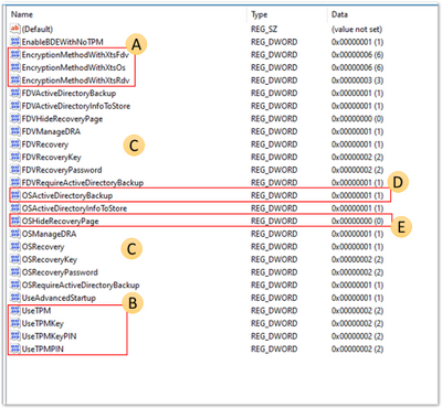 Captura de tela das chaves do Registro do BitLocker encontradas no Editor do Registro.