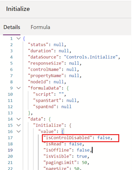 Captura de tela do atributo isControlDisabled na ferramenta Monitor do Power Apps.