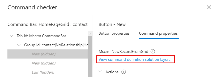 Captura de tela do link Exibir camadas de solução de definição de comando sob um nome de comando.