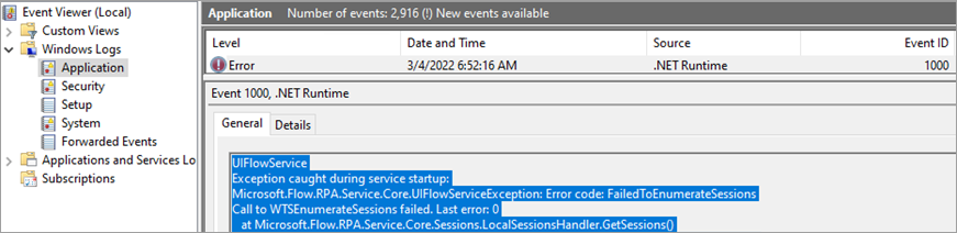 Captura de tela que mostra o erro FailedToEnumerateSessions registrado no Visualizador de Eventos.