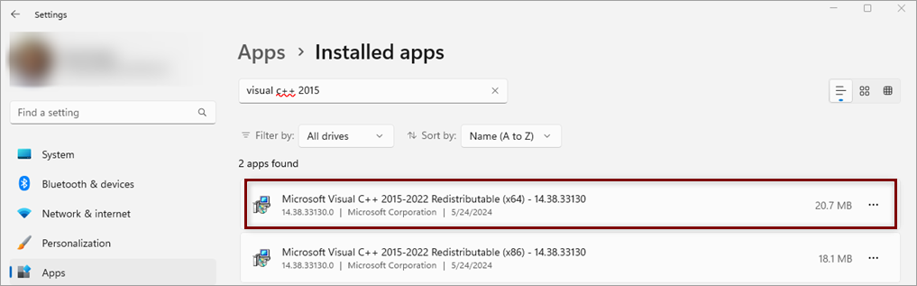 Captura de tela que mostra como localizar e desinstalar o Microsoft Visual C++ 2015-2022 Redistributable.