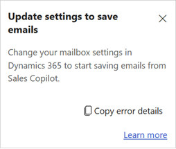 Captura de tela que mostra o erro Atualizar configurações para salvar e-mails.