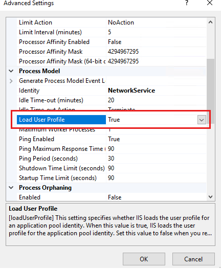 Defina o perfil de usuário de carregamento como verdadeiro nas configurações avançadas.