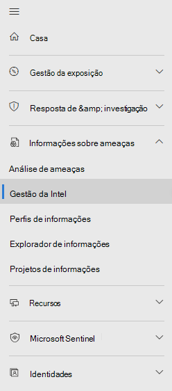 Captura de ecrã a mostrar o novo menu de colocação para Microsoft Sentinel informações sobre ameaças.