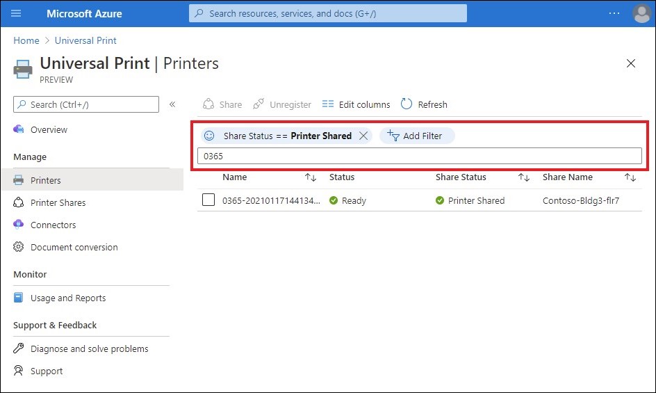 Uma captura de tela do Portal de Administração mostrando novos controles de filtro na página Lista de impressoras.