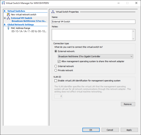 Captura de tela da seção Propriedades do Virtual Switch do painel Virtual Switch Manager.