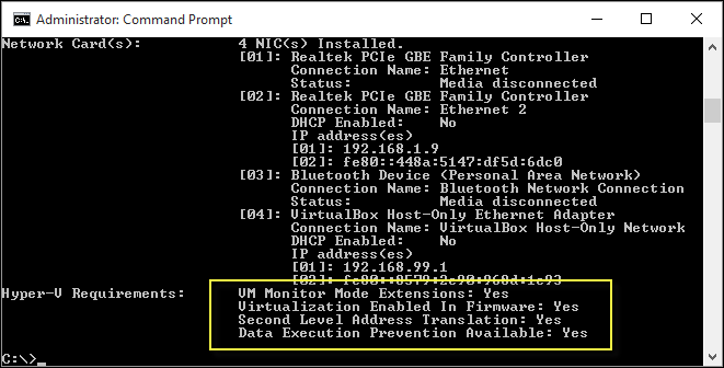 Captura de tela da tela do prompt de comando do administrador com foco na saída da seção de requisitos do Hyper V.