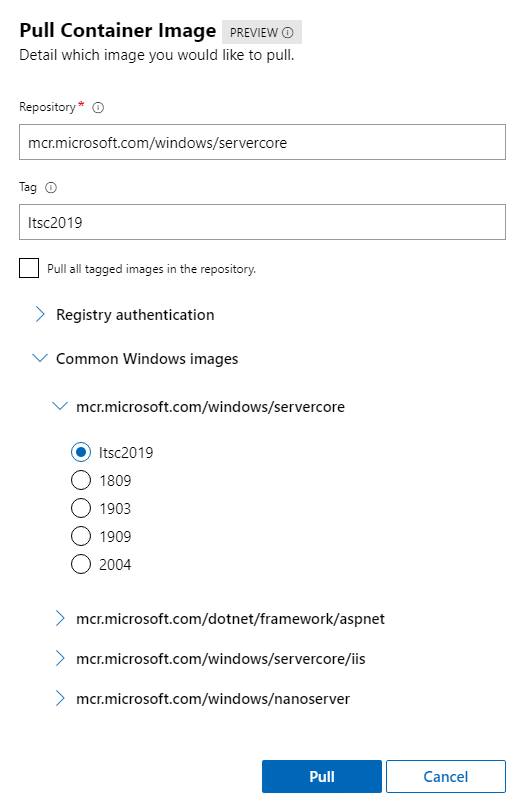 Janela de configurações de Efetuar Pull da Imagem de Contêiner