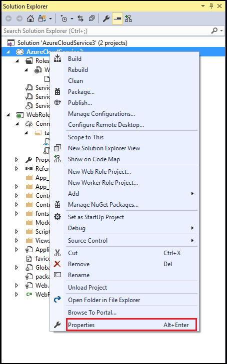 Menu de contexto do projeto do Gerenciador de Soluções