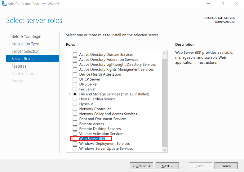 Captura de tela mostrando a função Web Server IIS selecionada na etapa Selecionar funções do servidor.