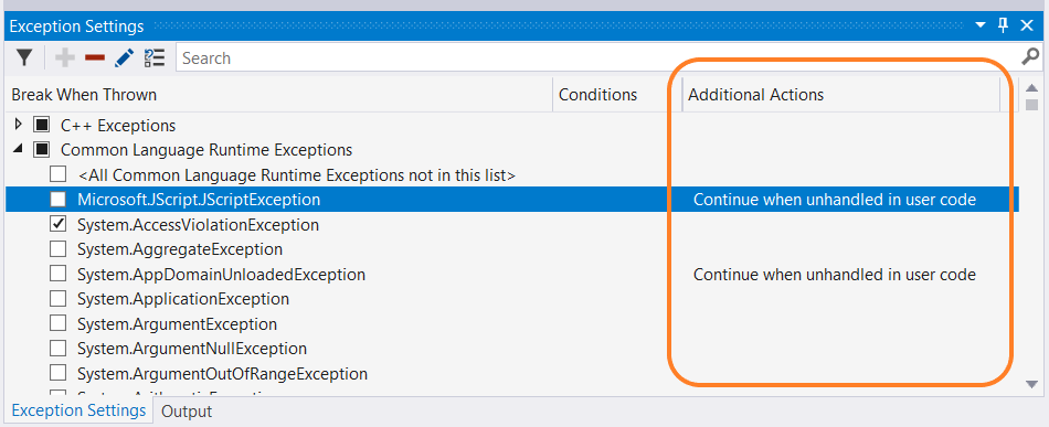 Screenshot of Additional Actions column.