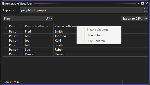 Captura de tela de Exibir os dados do visualizador IEnumerable.