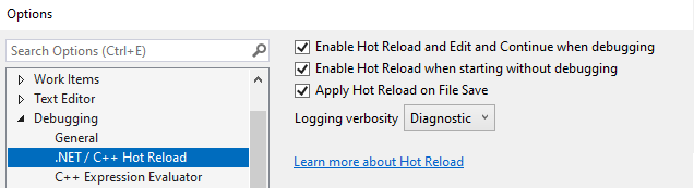 Captura de tela das configurações do .NET Hot Reload.