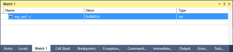 Screenshot of the Visual Studio Watch window with one selected line that shows my_var1.c with a value of 101 'e' and a type of int.