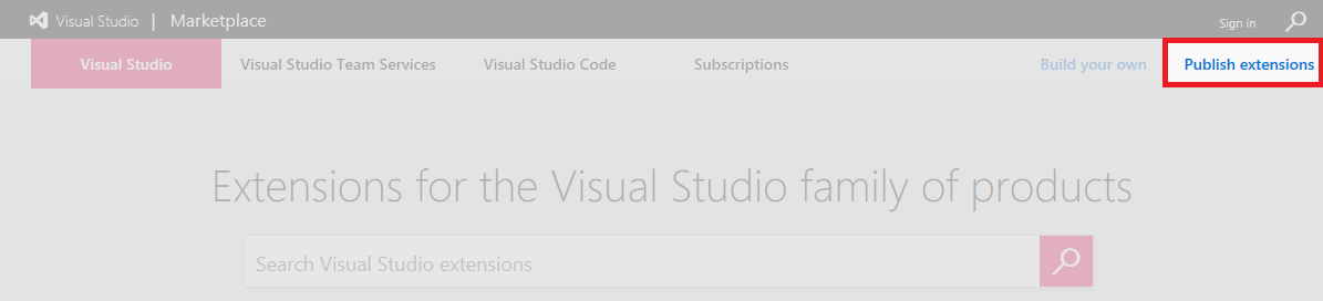 Screenshot of Visual Studio Marketplace with the Publish extensions link highlighted.