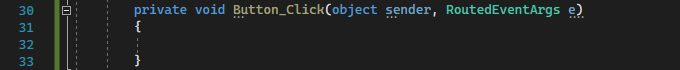 Screenshot showing the C# code for the default Button_Click event handler.