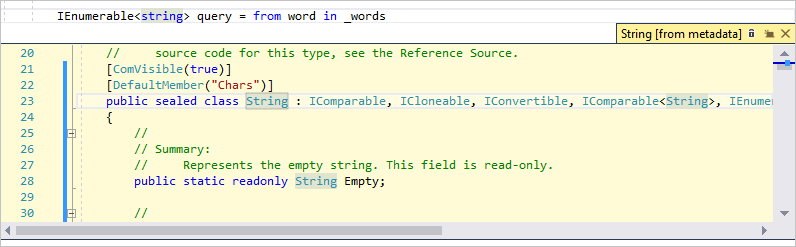 Captura de ecrã de uma janela de definição Peek no Visual Studio.