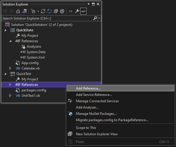 Screenshot showing the context menu for the References node in the QuickTest project, with the 'Add Reference' option selected.