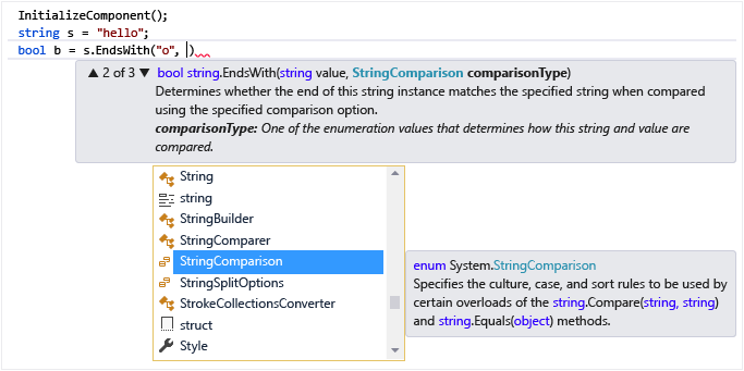 Captura de tela do recurso Informações rápidas e informações de parâmetros do IntelliSense.