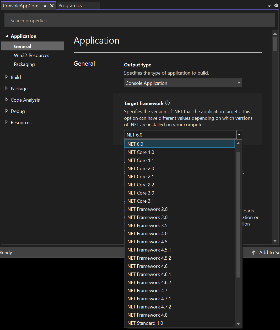 Captura de tela das versões de estrutura de destino para um projeto .NET Core no Visual Studio 2022.