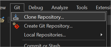 Captura de tela do menu Git no Visual Studio 2022 com Repositório de clones selecionado.