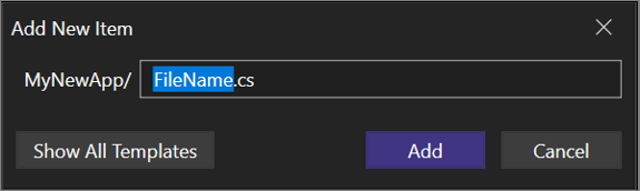 Captura de tela da nova caixa de diálogo Adição Rápida no Visual Studio.