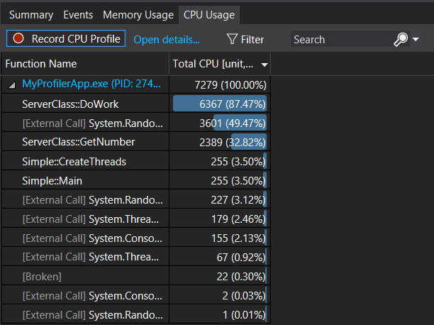 Captura de ecrã que mostra a Lista de Funções de Utilização da CPU das Ferramentas de Diagnóstico.