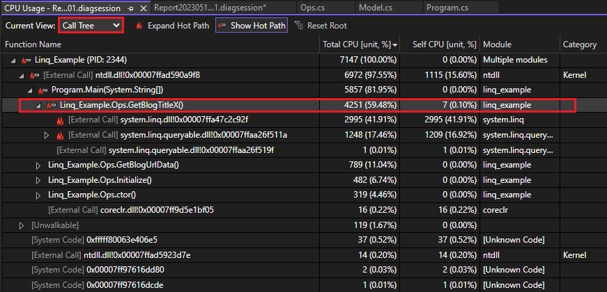 Captura de tela da visualização da árvore de chamadas na ferramenta de Uso da CPU.