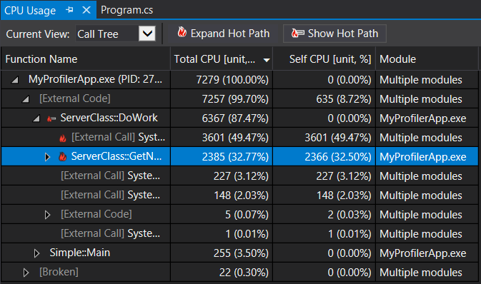 Captura de ecrã que mostra o Hot Path das Ferramentas de Diagnóstico.