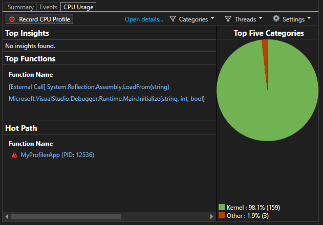 Captura de tela que mostra a guia Uso da CPU das Ferramentas de Diagnóstico.